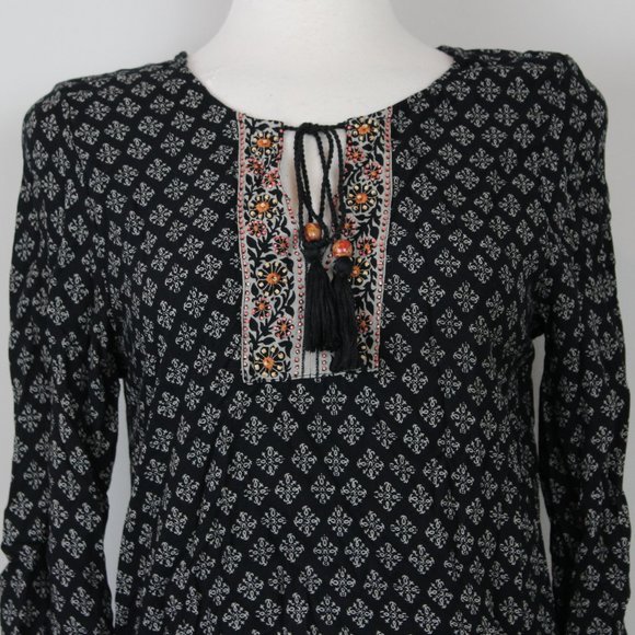 Lucky Brand Black Boho Print Beaded Tunic Blouse Top - Picture 2 of 8